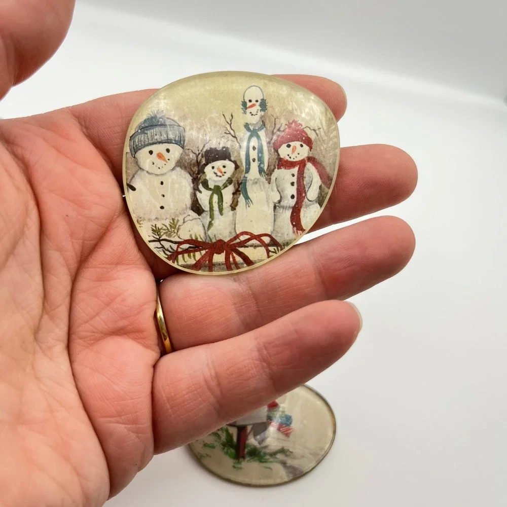 Vintage Christmas Snowman and Mailbox Eye Glass Brooch Pin‎ Set Winter Holiday